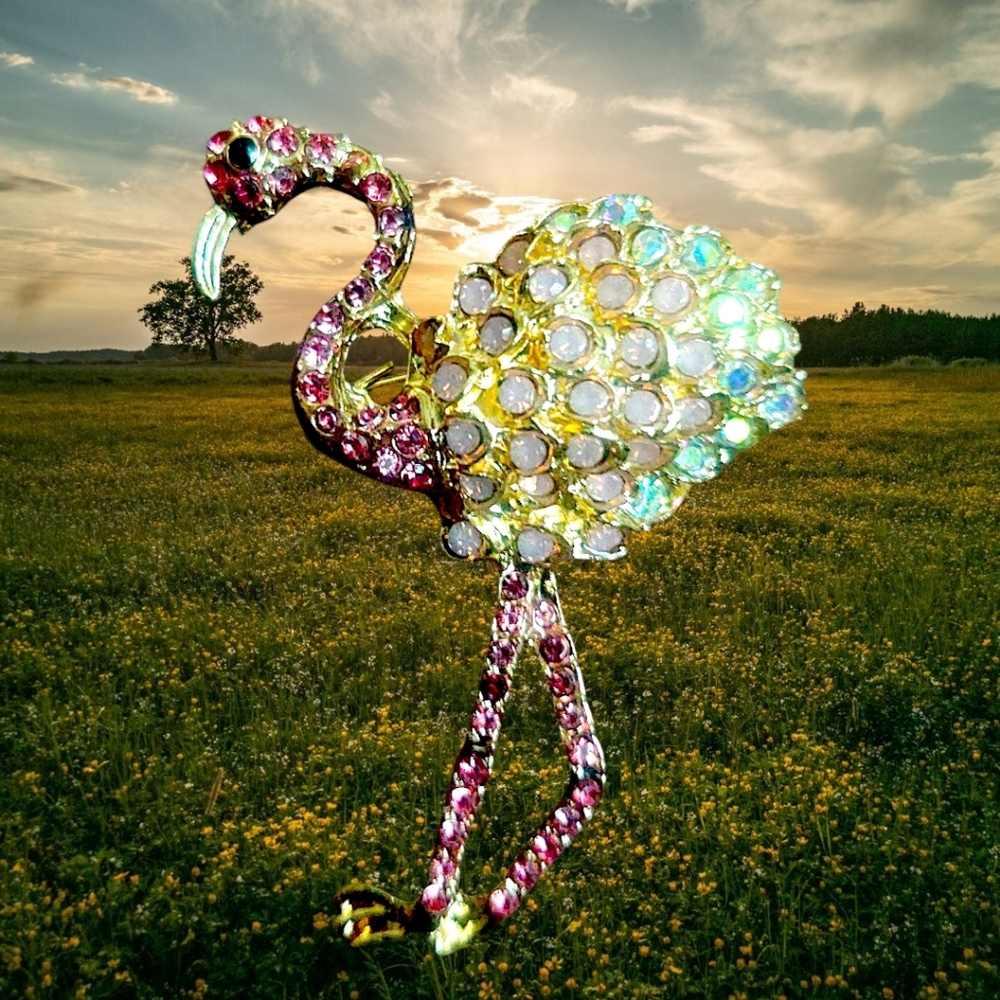 Crystal Flamingo Brooch - Multicolor Rhinestone Accent